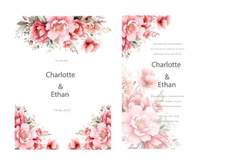 Fototapeta na wymiar Elegant wedding card with beautiful pink floral and leaves template