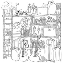Shelves in the pantry with various items. Mess. Old storage room. Coloring Book Page for adult. Black And White.