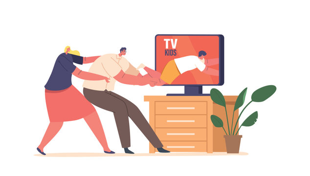 Parents Characters Pulling Kid On Rope From Tv Screen To Shield From Harmful Content, Vector Illustration