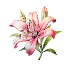Pink Lily in pencil color illustration clip art png AI generate no background