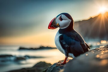 Atlantic puffin or common puffin on river of lake - obrazy, fototapety, plakaty