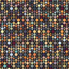 Seamless geometric pattern with vertical dotted lines. Multicolored small circles on a black background. Dots texture. Vector image for textile, background, wrapping, and decoration.