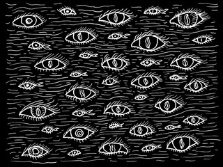 tattoo sea of eyes, waves, gaze, predator, tau