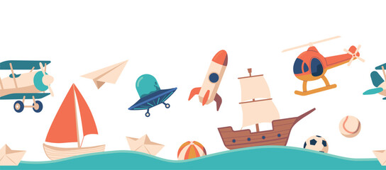 Seamless Pattern Featuring A Collection Of Playful Boy's Toys Sail Boat, Pirate Ship, Plane, Rocket, Helicopter