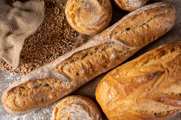 Bakery - golden rustic bread crusts and buns on wooden background