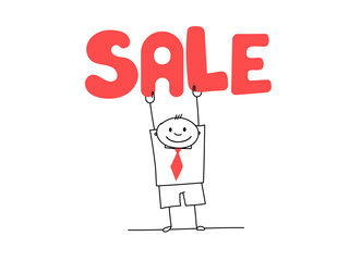 A simple hand-drawn man with a red tie is holding a large word SALE above his head. Doodle or outline vector illustration.