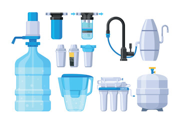 Household Water Filters, Countertop, Undersink, Pitcher Container, Reverse Osmosis Water Filters Set Vector Illustration
