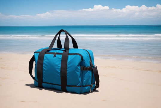 blue summer bag laying on the sand at beach with no people, generative AI