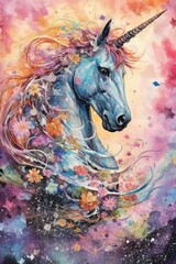 Obraz na płótnie Canvas art unicorn in space . dreamlike background with unicorn . Hand Drawn Style illustration Generative AI