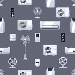 Seamless Pattern With Fans, Air Conditioners And Climate Equipment. Tile Repeated Background With Electric Devices