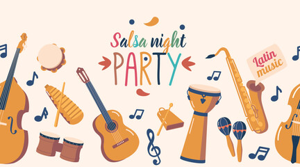Vibrant Seamless Pattern Featuring A Variety Of Latino Music Instruments, Cello, Guitar, Drums, Maracas and Sax