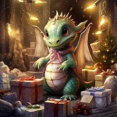 Christmas card, baby dragon, New Year 2024