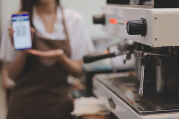 Barista make coffee latte art with espresso machine in cafe vintage color tone