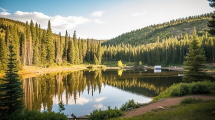 a lake surrounded by lush green grass and mountains at sunset. generative ai