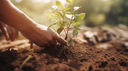 A man plants trees in a square in a community garden, promoting local food production and habitat restoration, the concept of sustainable development and community engagement. Generative AI