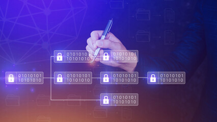 Businessman using a touching on virtual screen to Blockchain technology concept with chain of...