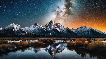 A night starry sky with the Milky Way galaxy passing through a majestic mountain range. Generative AI