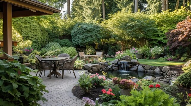 Cozy backyard with table and chairs. A blooming garden of beautiful flowers. Generative AI