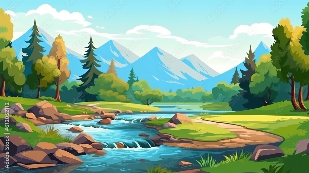 Wall mural beautiful mountain lake scenery with clear still water, mountain ridge, dense forest, meadow shores 