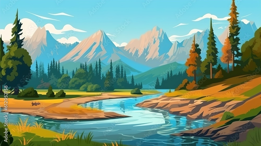 Wall mural beautiful mountain lake scenery with clear still water, mountain ridge, dense forest, meadow shores 