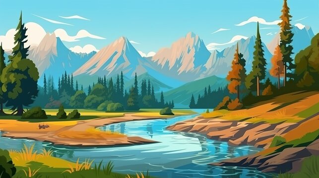 Beautiful mountain lake scenery with clear still water, mountain ridge, dense forest, meadow shores and tall pine trees in the foreground. Generative Ai.