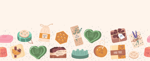 Handmade Soap Seamless Pattern. Visually Appealing Design Featuring An Array Of Meticulously Crafted Artisanal Soaps