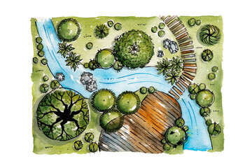 Landscape architect plan design by watercolor hand drawn painting with brushes strokes.Colorful splashing in the paper.It's wet texture background for creative wallpaper,floral card and art work.