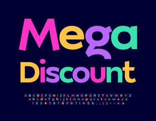 Vector promo Flyer Mega Discount with colorful Alphabet Letters, Numbers and Symbols set. Stylish bright Font