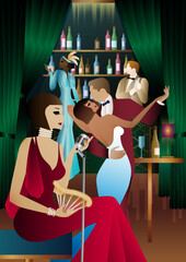 night club with singer on stage and people dance and drink alcohol. Vector illustration of live concert in cafe or restaurant with singer on scene and dancers