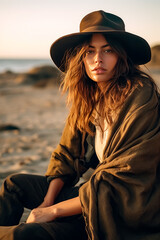 Cinematic photography of young woman wearing a hat. Adventure survivalist sit down, brown eyes, brown wavy bob hairs, cowboy hat, brown scarf,  Joyful, natural lighting. Generative Ai.