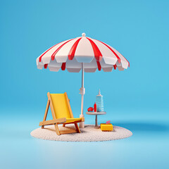 beach chairs and umbrella 3d render free space blue background 