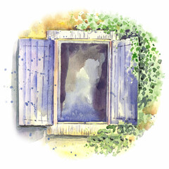 Old window hidden by greenery, floral elements. Stock illustration on a white background. Hand painted in watercolor.