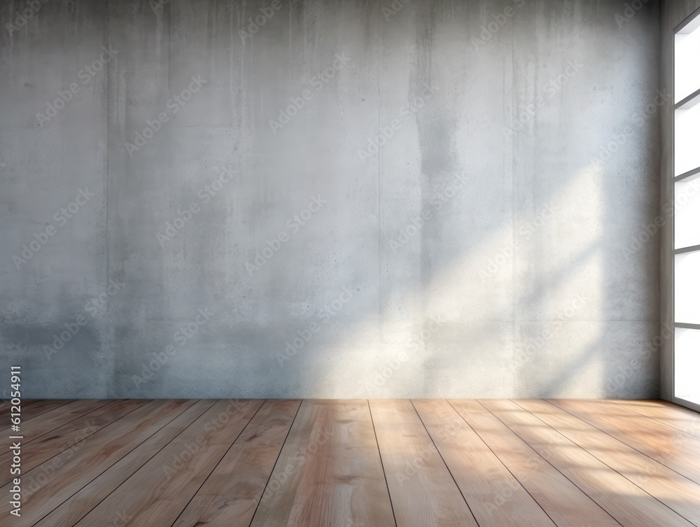 Poster Empty room interior with concrete walls, wooden floor with light and soft skylight from window. Background with copy-space. Ai Generative illustration