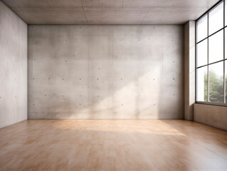 Empty room interior with concrete walls, wooden floor with light and soft skylight from window. Background with copy-space. Ai Generative illustration - 612054903