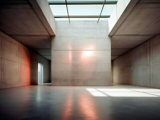 Empty room interior with concrete walls, grey floor with light and soft skylight from window. Background with copy-space. Ai Generative illustration