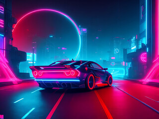 Obraz na płótnie Canvas Car and city in neon cyberpunk style.Retro futuristic car drive through neon city. 3d render of seamless loop.