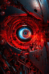 Naklejka premium A red glowing robotic eye. LED effects, futuristic aesthetic, intricate designs of mechanical realism, glowing eye, advanced machinery and cybernetic wonders. Generative Ai.