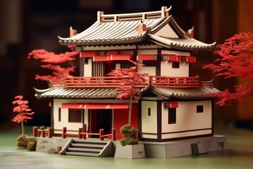 Fototapeta premium Paper sculpture - house in Japanese style and trees. Origami, paper art style. Generative AI