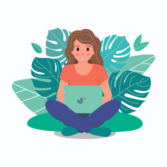 Obraz na płótnie Canvas Girl freelancer working on a laptop at home. Conceptual illustration in flat cartoon style, work from home, online learning. Vector