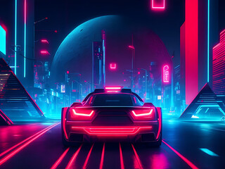 Car and city in neon cyberpunk style.Retro futuristic car drive through neon city. 3d render of seamless loop.