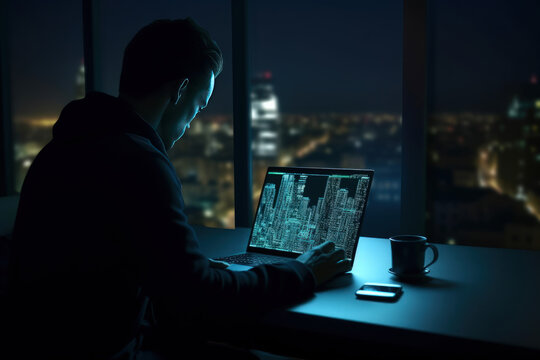 hacker is working on a laptop with java coding on screen at a desk in a dark room, in the style of light teal and dark indigo, AI generative