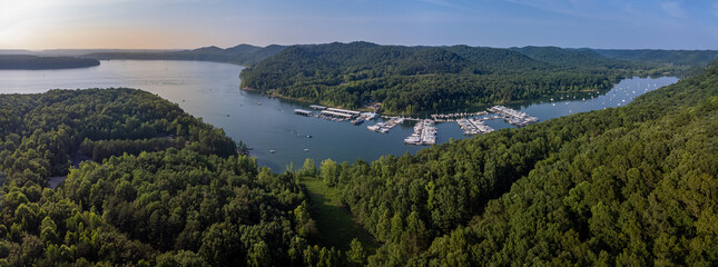 Drone view of Cave run lake marina and the hills of northeastern Kentucky. It is located on the Cumberland Ranger District of the Daniel Boone National Forest.