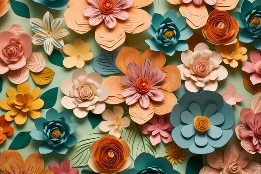 Floral background - blooming multicolored flowers. Origami, paper art style. Generative AI