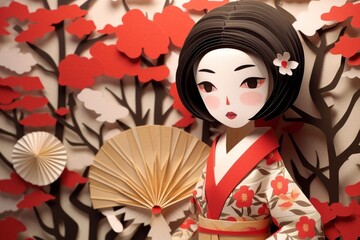 Girl in flower kimono made of paper triangles. Japanese origami, paper art style. Generative AI