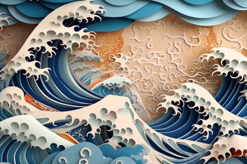 Summer landscape - sea, waves and foam. Japanese origami, paper art style. Generative AI