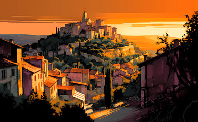 Illustration of beautiful view of Gordes, France - obrazy, fototapety, plakaty