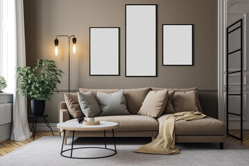 Mock up poster frame in modern interior background, 3d render, Mockup poster frame on the wall in a living room, AI Generated