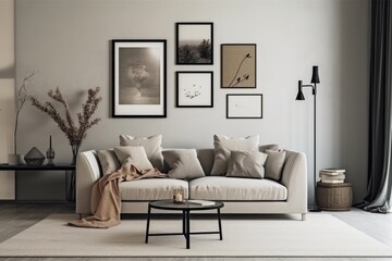 Interior design of modern living room with beige sofa, coffee table and posters. 3d render, Mockup poster frame on the wall in a living room, AI Generated
