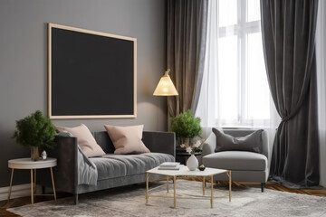 Interior of modern living room with grey sofa, coffee table and blackboard, Mockup poster frame on the wall of a luxurious apartment, AI Generated