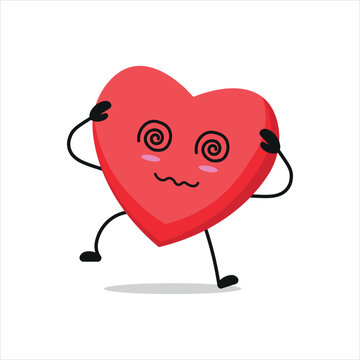 Dizzy heart character. Confused heart get hypnotyze with hand cartoon emoticon in flat style.